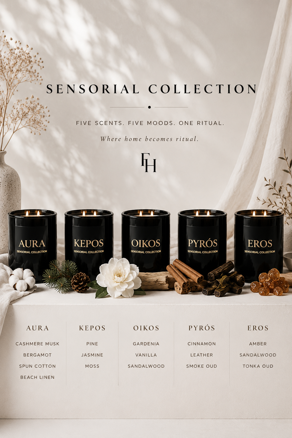 Flamma Hestia Sensorial Collection – Luxury scented candles handcrafted in Miami with premium coconut apricot wax. Featuring Aura, Kepos, Oikos, Pyrós and Eros.
