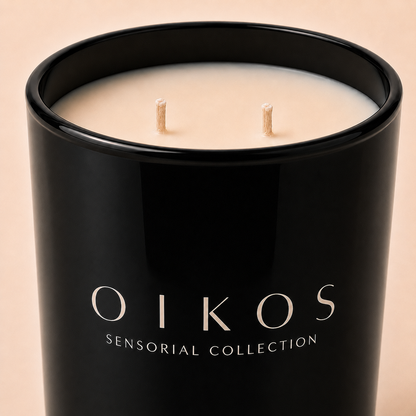 Flamma Hestia OIKOS candle styled on a home shelf