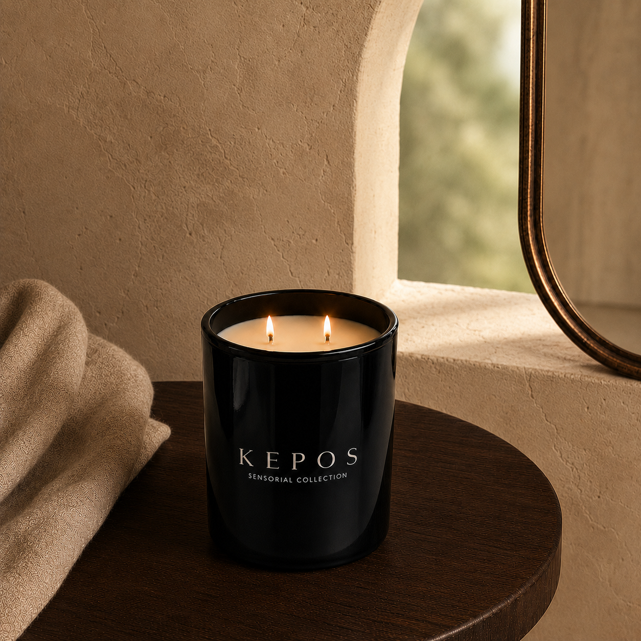 Flamma Hestia KEPOS candle side angle, reusable black glass vessel