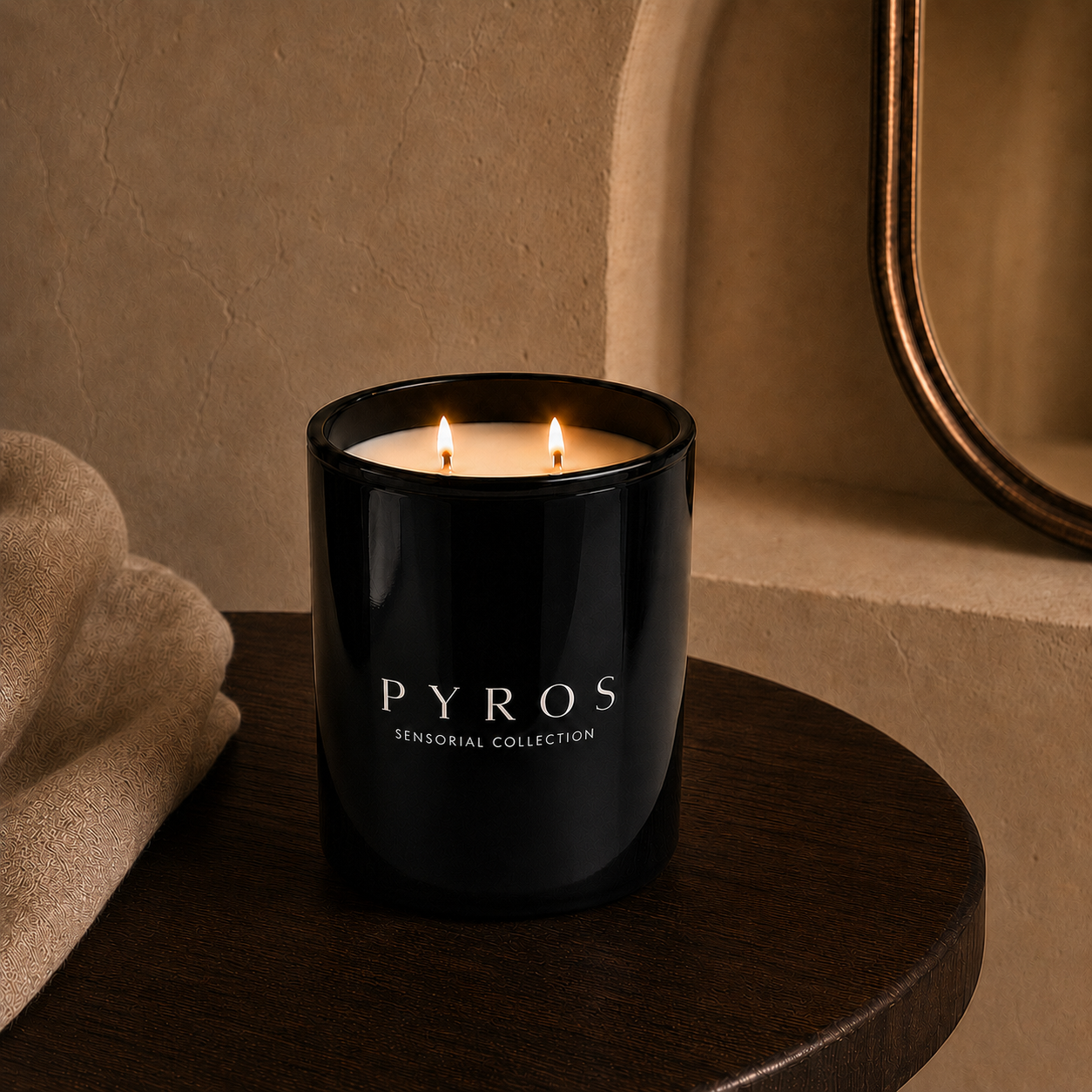 Flamma Hestia PYRÓS candle side angle, reusable black glass vessel