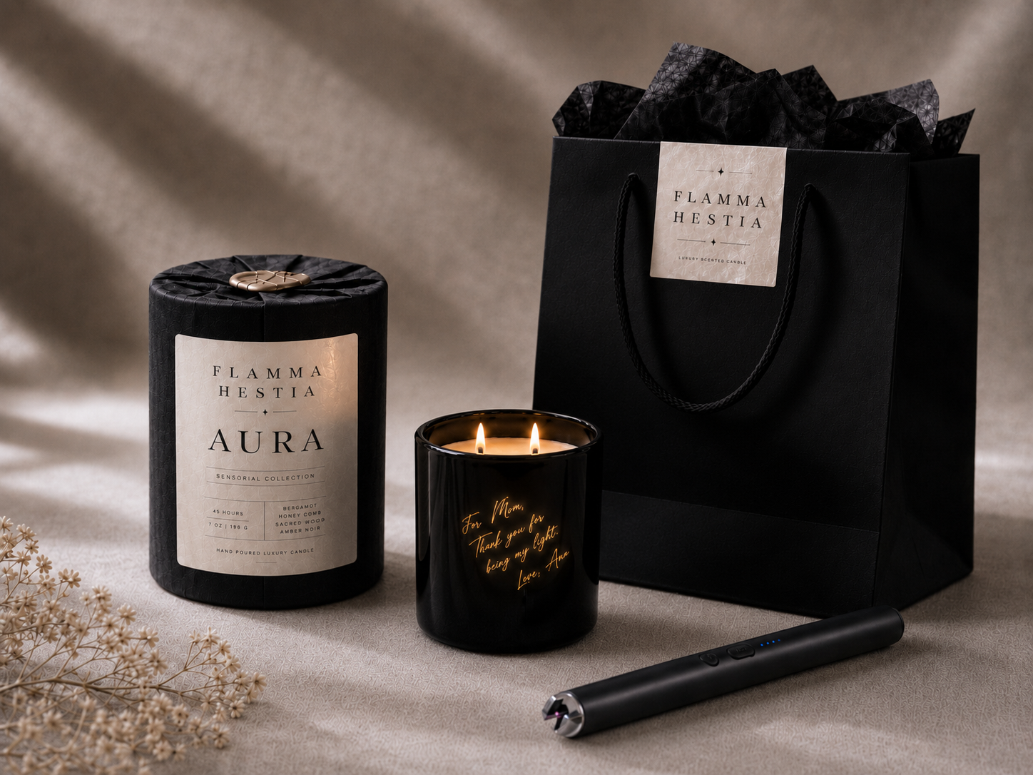 Flamma Hestia Gift Experience — bolsa de regalo, encendedor recargable y grabado personalizado en el envase de la vela