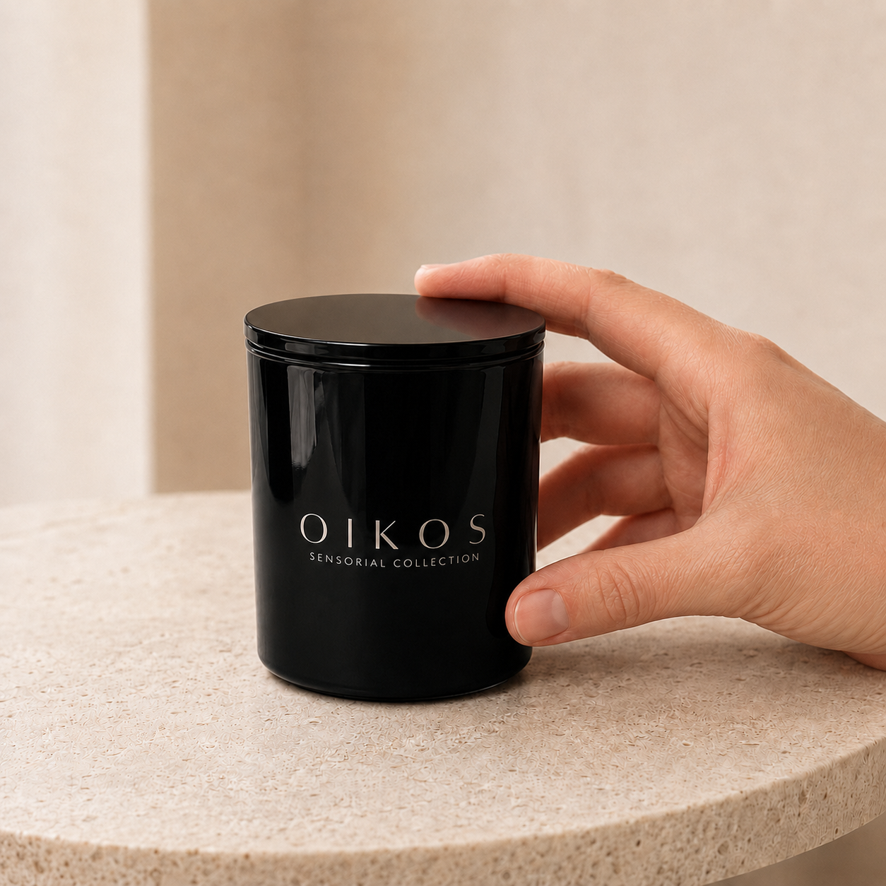Flamma Hestia OIKOS candle beside its wax-sealed kraft paper packaging