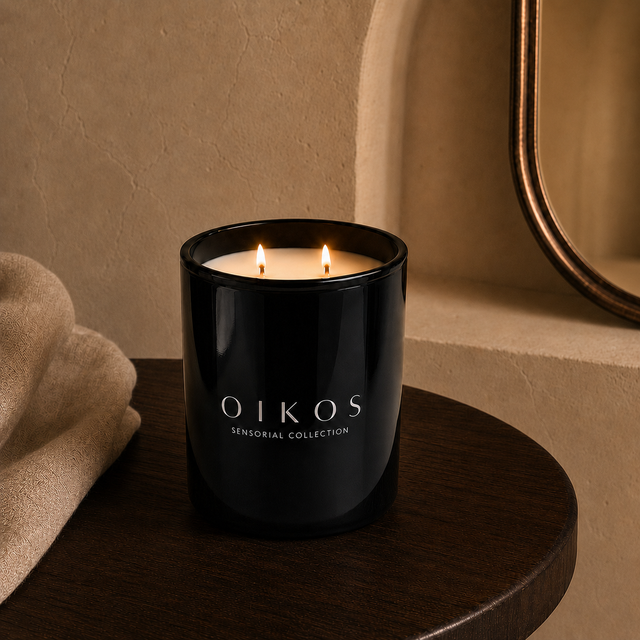 Flamma Hestia OIKOS candle with lid removed, showing the double cotton wick