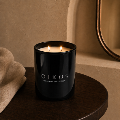 Flamma Hestia OIKOS candle with lid removed, showing the double cotton wick