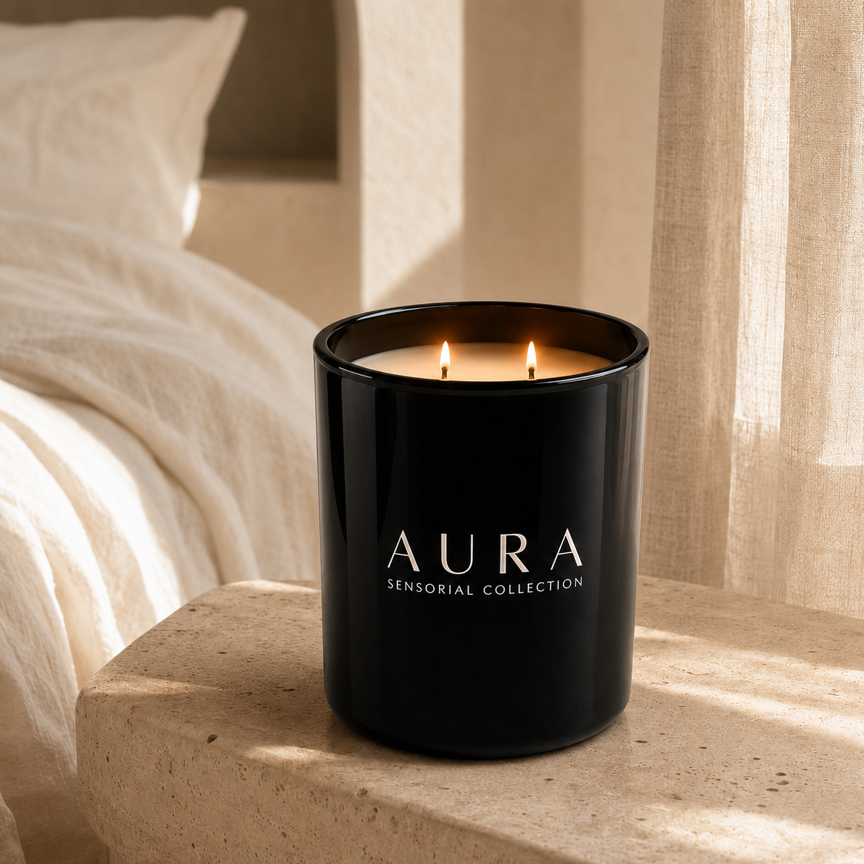 Flamma Hestia AURA candle top view showing wax and vessel
